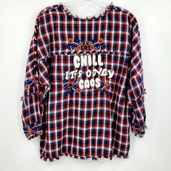 Zara Chill It’s Only Caos Plaid Fringe Tassel Button Down - Picture 1 of 12